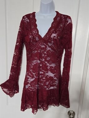 Burgundy Lace V-Neck Long Sleeve Tunic L